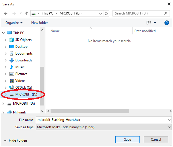 Save hex file to MICROBIT drive